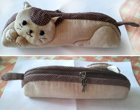 How to make kitten pencil bag step by step DIY tutorial instructions. Как сделать сумочку-котенка (пенал), инструкции Pencil Pouch Diy, Diy Pouch Tutorial, Cat Pencil Case, Fabric Basket Tutorial, Rabbit Family, Patchwork Tutorial, Japanese Patchwork, Diy Sewing Tutorials, Bag Inspiration