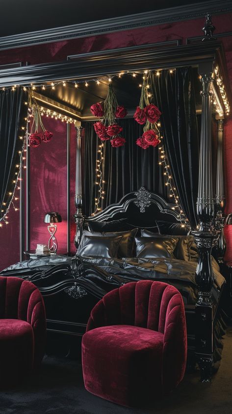 Step into a world of luxury with this enchanting bedroom design. Rich crimson walls paired with a black canopy bed create a perfect romantic ambiance. Twinkling fairy lights and hanging roses add a whimsical touch, making it an ideal space for relaxation and romance. #redandblackbedroom #redbedroom #redroom #gothicbedroom Love Room Romantic, Gothic Canopy Bed, Modern Gothic Bedroom, Hanging Roses, Black Bedroom Aesthetic, Enchanting Bedroom, Black Canopy Bed, Victorian Gothic Decor, Make Your Home Look Expensive