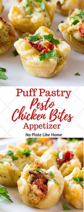 Puff Pastry Pesto Chicken Bites Appetizer is a delicious hot hors d'ouevres to serve your party guests. They are flavorful and filling so you won't have to make a lot of apps. Easy-to-make in just 30 min with leftover chicken. Pin for later. Chicken Bites Appetizers, Meaty Appetizers, Chicken Appetizer, Pastry Appetizer, Puff Pastries, Chicken Appetizers, Healthy Brunch, Party Appetizers Easy, Poker Night