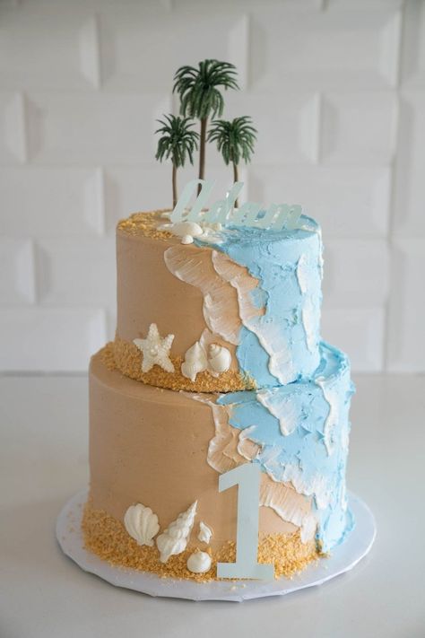 Ivory's Bake Shop Ocean Theme Cake For Boys, The Big One Surf Birthday Cake, Beach Theme Cakes Birthday, Beach Theme Cakes, Beach Themed Birthday Cakes, Beach Birthday Cakes, Beach Themed Food, Ocean Beach Cake, Beach Cake Ideas