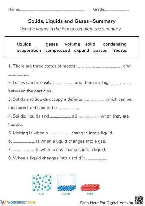 Check your understanding around three states of matter: solid, liquid, and gas with this revision worksheet! #science #solid #liquid #gas #solidliquidgas #statesofmatter #summary #kidsactivities #printable #worksheet #pdf #scienceforkids #scienceworksheets Summary Worksheet, Three States Of Matter, Solids Liquids And Gases, Solid Liquid Gas, 3rd Grade Math Worksheets, Matter Science, Human Body Systems, States Of Matter, English Lessons For Kids