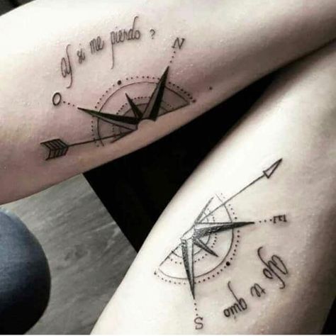 Matching Compass Tattoos Couples, Partner Tattoos, Floral Back Tattoos, Compass Rose Tattoo, Tattoo Couple, Cute Couple Tattoos, Couple Tattoos Unique, Men Tattoos Arm Sleeve, Couples Tattoo Designs