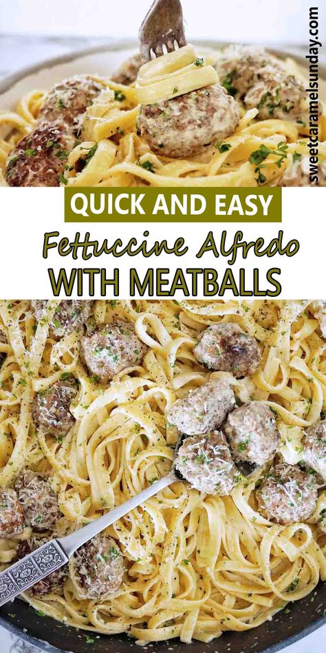 Meatball Alfredo Recipes, Turkey Meatball Alfredo Pasta, Alfredo Pasta With Meatballs, Meatball Fettuccine Alfredo, Alfredo Sauce With Meatballs, Meatballs In Alfredo Sauce, Alfredo And Meatballs, Alfredo Meatballs Pasta, Pasta With Meatballs Easy Recipes