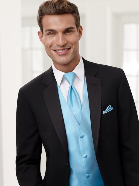 LarrBrio » Valotta's Tuxedo Black Tux With Light Blue Tie, Chambelanes Suits, Guys Hoco Outfit, Prom Guys Outfits, Prom Tuxedo Ideas, Grey Tuxedo Wedding, Chambelan Outfits, Tuxedo Ideas, Grey Tux