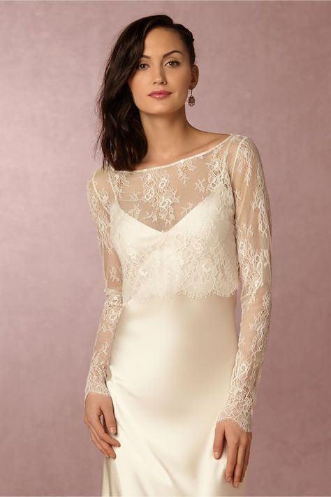 BHLDN Marlene Tooper dress with fabulous lace sleeves! Lace Jacket Wedding, Bridal Separates Tops, Fairytale Wedding Gown, Convertible Wedding Dresses, Wedding Dress Topper, Dress Topper, Wedding Bolero, Plus Size Evening Gown, Unconventional Wedding Dress