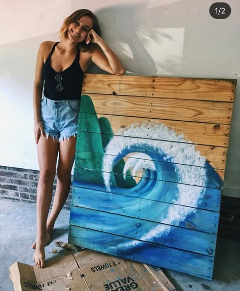 Surf Painting, Ocean Waves Painting, Diy Beach Decor, Beach Art Painting, Painted Driftwood, Pine Cone Art, Paint On Wood, Acrylic Paint On Wood, Surfboard Art