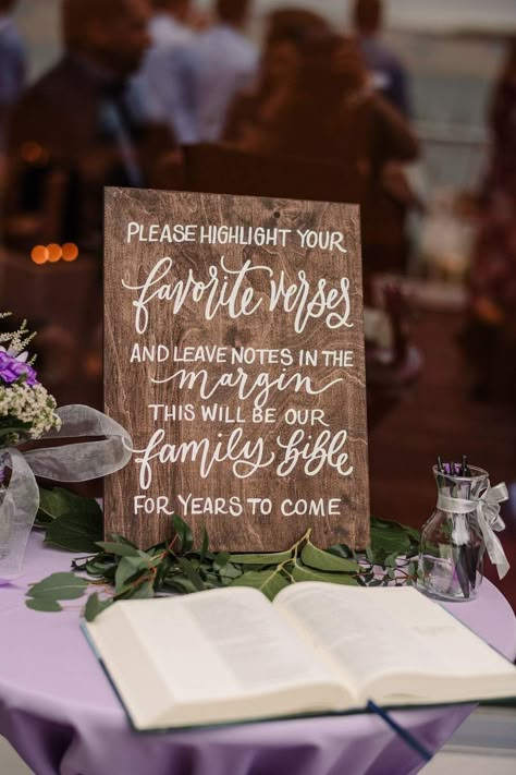 Highlight Your Favorite Bible Verse, Wedding Bible Verses, Favorite Bible Verse, Wedding Bible, Bible Verse Signs, Wooden Wedding Signs, Guest Book Table, Future Wedding Plans, Christian Wedding