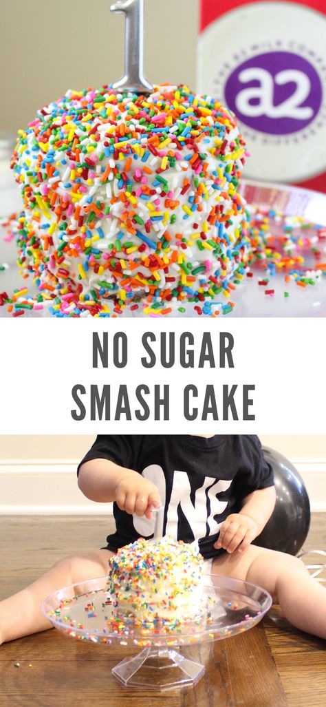 This Healthier Smash Cake (#ad) is a small birthday cake made with healthier ingredients, perfect for a first birthday party! With less than 10 ingredients and made in 1 bowl, this 4-inch birthday cake is perfect for your little one! #glutenfree #nutfree #1stbirthday #nosugar #lowsugar #healthydesserts #smallcake  [Sponsored by a2 Milk] | chelseyamernutrition.com Treats For First Birthday Party, Yogurt Smash First Birthday, Dessert For First Birthday, Simple Smash Cake Recipe, Healthy Birthday Cake For Baby, Small First Birthday Cake, Healthy 1st Birthday Cake, Healthy Cake For Baby 1st Birthdays, Smash Cake Recipe First Birthday