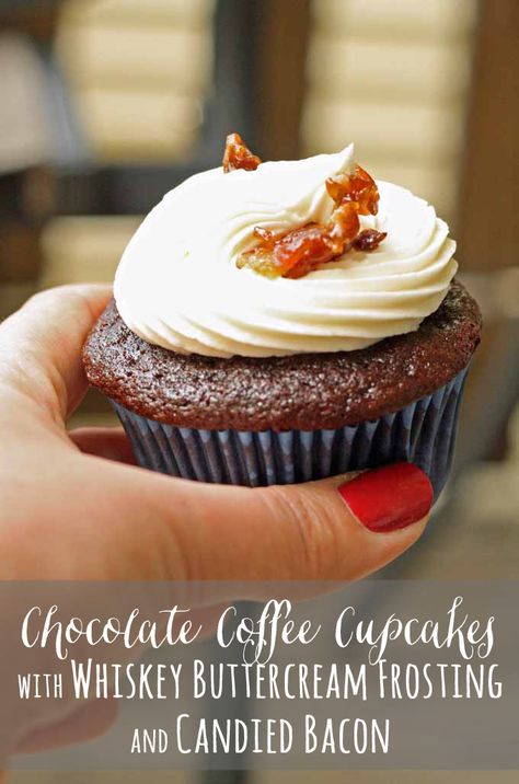 Chocolate Coffee Cupcakes with Whiskey Buttercream Frosting and Candied Bacon Whiskey Frosting, Chocolate Coffee Cupcakes, Caramel Bacon, Maple Buttercream Frosting, Strawberry Lemonade Cupcakes, Caramel Buttercream Frosting, Bacon Cupcakes, Lemonade Cupcakes, Coffee Cupcakes