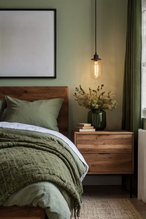 #mintgreen #roomdesign #interiordecor #homedecor #designinspiration #colorpalette #homestyle #decorideas #interiordesign #modernhome Neutral Bedroom Green Bedding, Green Wood Black Bedroom, Wood Black And Green Bedroom, Sage Green With Dark Wood, Green Bedroom Men, Khaki Green Bedroom, Light Grey And Green Bedroom, Cozy Wooden Bedroom, Sage And Brown Bedroom