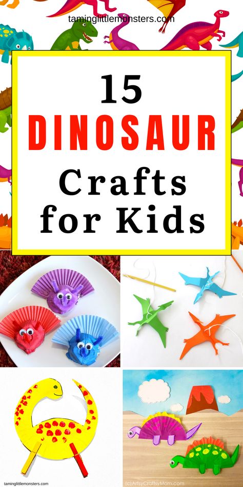 15 Dinosaur Crafts - Fun Crafts for Kids. Check out these amazing dinosaur crafts to include in your list of dinosaur activities for toddlers, preschoolers and kindergarten. #dinosaurs #artsandcrafts #toddlers #preschoolers #kindergarten Dinosaur Crafts For Preschoolers, Dinosaur Crafts For Kids, Dinosaur Art Projects, Dinosaur Crafts Preschool, Dino Craft, Dinosaur Activities Preschool, Dinosaur Projects, Crafts For Preschoolers, Dinosaur Toys For Kids