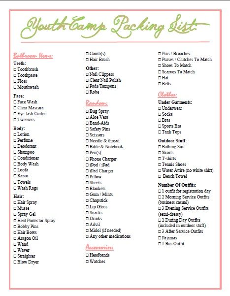 Youth Camp Packing List - ALJC district. You're welcome girls. Camping Trip Packing List, Summer Camp Packing List, Church Camp Packing, Summer Camp Packing, Camp Packing List, Camping Illustration, Camp Packing, Summer Camping Outfits, Camping Snacks