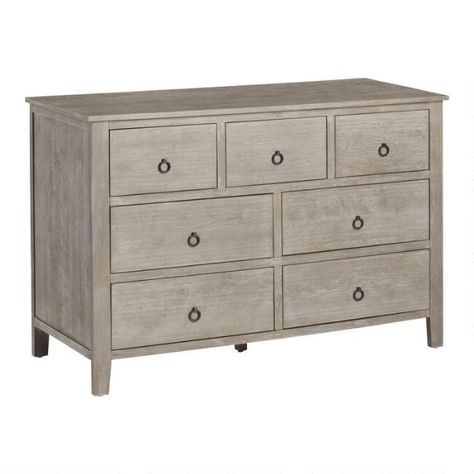 Graywash Wood Grange Dresser | World Market Affordable Bedroom Furniture, Dresser Bedroom, Bronze Pulls, Farmhouse Style Furniture, Affordable Bedroom, Long Dresser, Drawers Bedroom, 7 Drawer Dresser, Dresser Storage