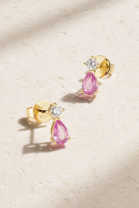 Elegant in their simplicity, Anita Ko's 18-karat gold earrings have shimmering diamond posts anchored by pear-cut sapphire drops. They work equally well day or night. Pink Wedding Earrings, Pink Stone Earrings, Special Earrings, Colourful Jewellery, Pink Sapphire Earrings, Sapphire And Diamond Earrings, Anita Ko, Minimal Accessories, Minimal Earrings