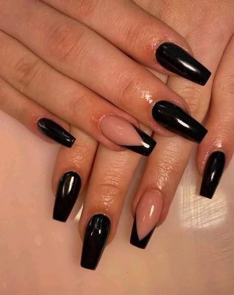 Black French Nails, Black Gel Nails, Black Coffin Nails, Black Acrylic Nails, Acrylic Coffin, Almond Acrylic Nails, Black Nail Designs, Acrylic Gel, Nails Fall