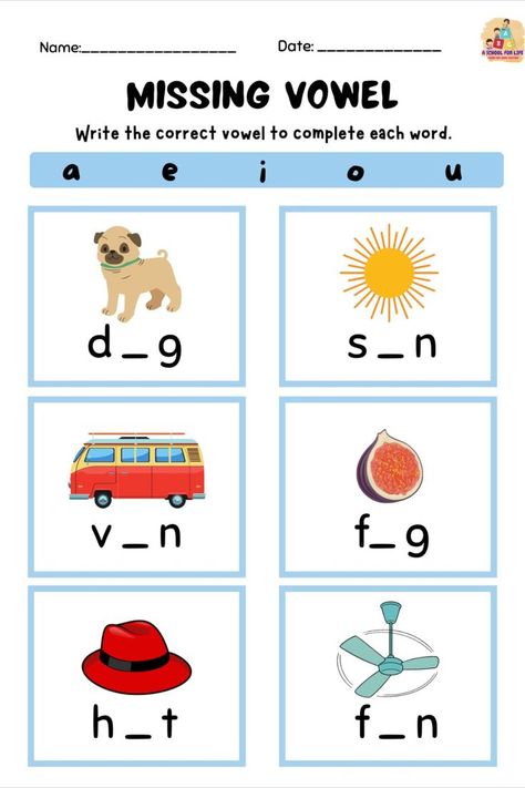 Missing Vowel Practice Sheets Ukg Worksheet, Vowel Practice, 3 Letter Words, Flower Crafts Kids, Free Kindergarten Worksheets, English Worksheets For Kids, Letter N Words, Word Sorts, Preschool Art Activities