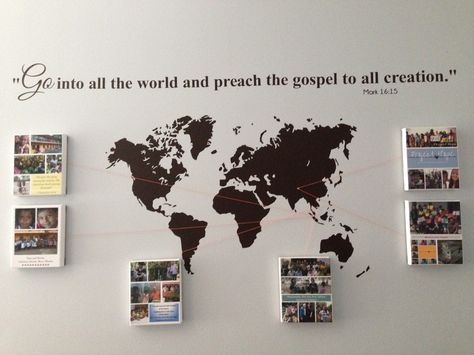 Mission wall display - like the pics around the map, look like it would be easy to switch those out Mission Decorating Ideas, Missions Board Display, Office Mission Statement Wall, Missionary Bulletin Board Ideas Church, Mission Board Ideas, Missions Wall Display, Missions Conference Decorations, Mission Vision Values Design Wall, Church Missions Wall Display