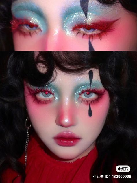 90's Makeup Ideas, Makeup Ideas Colourful, Cute Drag Makeup, Red Blue Makeup Looks, Makeup Ideas Creative Inspiration, Colourful Editorial Makeup, Hot Glue Tears Makeup, Extra Makeup Ideas, Drag Looks Make Up