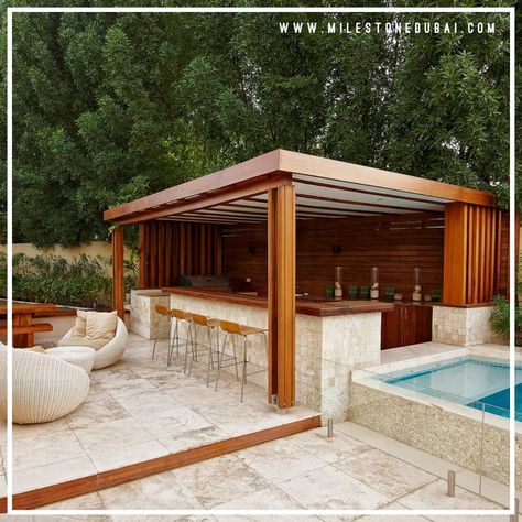 Pool Side Gazebo, Inground Pool Landscaping, Small Pergola, Contracting Company, Wooden Shades, Pergola Design, Outside Decorations, Outdoor Living Spaces, Pool Side