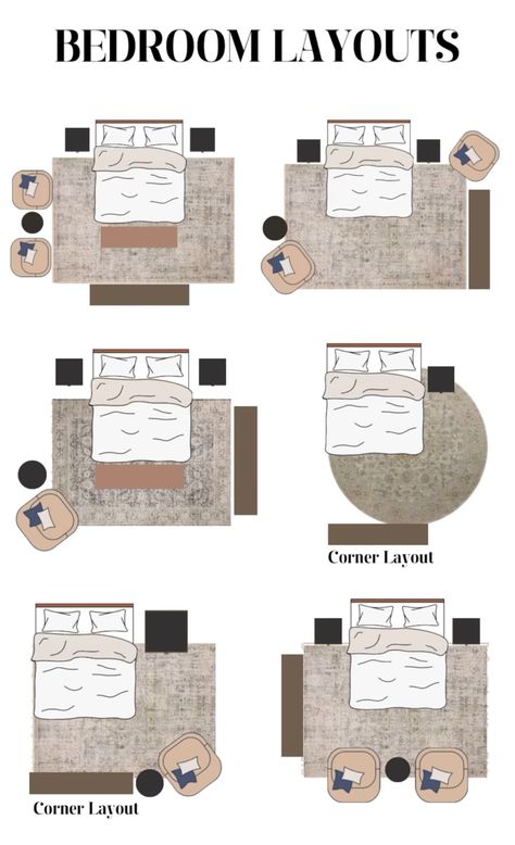 Bedroom Area Rug Placement, Large Bedroom Layout, Rugs Layout, Area Rug Placement, Masculine Bedroom Design, Dresser Decor Bedroom, Small Bedroom Interior, Interior Design Classes, Bedroom Furniture Layout