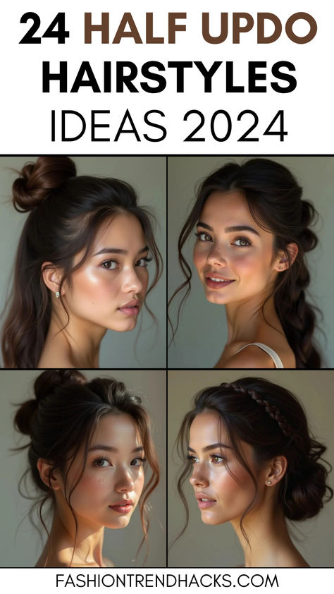 4 women featuring half updo hairstyles with text 24 half updo hairstyles ideas 2024 Updo With Front Pieces Out, Middle Part Pulled Back Hairstyles, Hair Up With Pieces Out, Half Down Updo, Easy Twist Half Up Half Down, Party Half Updo Hairstyles, Half Up Dos For Bridesmaids, Casual Chic Hairstyles, Easy Elegant Bun Hairstyles