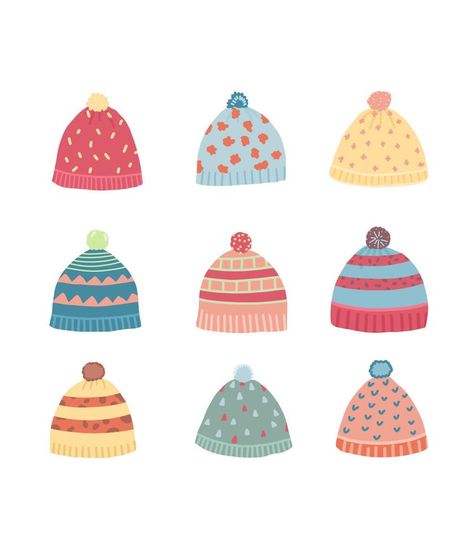 Cute vector winter hats. Multicolored knitted hats. Hat Designs Drawings, Winter Hat Illustration, Winter Hat Drawing, Hat Illustration, School Decoration, Hats Knitted, Cute Vector, Kids Winter Hats, Wooly Hats