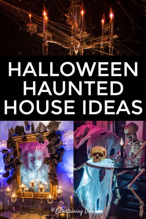 These Halloween haunted house decorations and ideas are so SPOOKY! I can't wait to try them for my Halloween party this year! Haunted House Ideas Diy, Halloween Haunted House Ideas, Haunted House Ideas, Halloween Bottle Labels, Hallowen Party, Halloween Maze, Animated Halloween Props, Halloween Haunted House Decorations, Haunted House Diy