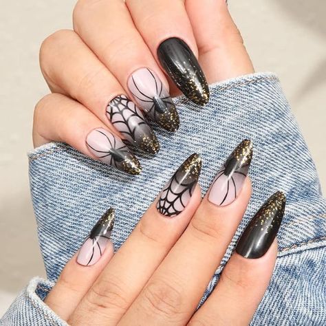 Spooky Nails Almond, Halloween Nails Diy, Halloween Press On Nails, Black Acrylic Nails, Nails For Women, Nail Forms, Nails Almond, Nails Black, Grad Pics