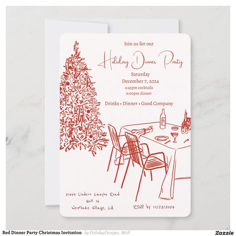 Red Dinner Party Christmas Invitation | Zazzle Holiday Dinner Invitation, Christmas Dinner Hosting Party Ideas, Christmas Party Card Invitation, Christmas Invite Design, Christmas Dinner Invite, Christmas Invitation Card Design, Family Dinner Invitation, Red Dinner Party, Red Line Drawing