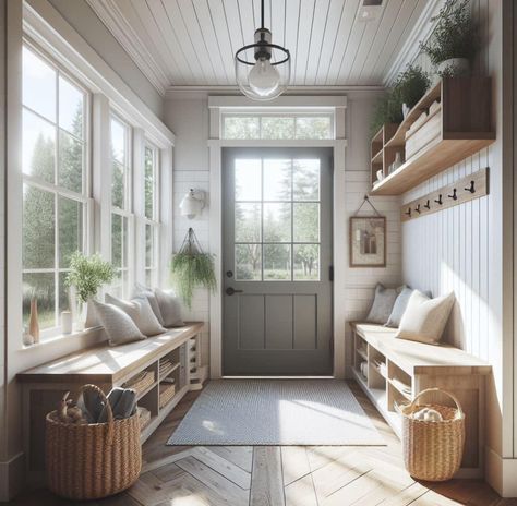 Mudroom Entryway With Windows, Front Porch Mudroom Enclosed, Pass Through Mudroom, Front Mudroom Entry Ways, Mudroom Ideas Entryway With Windows, Mudroom Sitting Room Combo, Enclosed Porch Ideas Front Entry Mud Rooms, Mudroom Porch Ideas, Porch To Mudroom Conversion