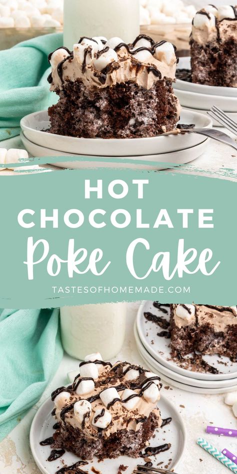 This hot chocolate poke cake is a decadent chocolate cake filled with pockets of marshmallow fluff and topped with fluffy chocolate whipped cream, marshmallows, and chocolate sauce. Hot Cocoa Dessert Recipes, Mudslide Cake, New Years Poke Cake, Hot Chocolate Dessert, Marshmallow Fluff Cake, Hot Chocolate Cheesecake, Hot Chocolate Poke Cake, Hot Cocoa Poke Cake Recipe, Hot Chocolate Poke Cake Recipe