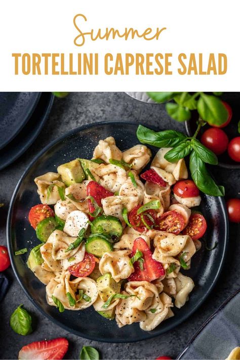 This Tortellini Caprese Salad is made with soft, cheese-filled tortellini and fresh summer produce blended together with a simple drizzle of olive oil and balsamic reduction. Enjoy it cold as a quick side dish, appetizer, or main dish! Tortellini Caprese Salad, Summer Tortellini, Quick Side Dish, Asian Steak Bites, Caprese Salad Recipe, Favorite Pasta Recipes, Pasta Salad Dressing, Quick Side Dishes, Tortellini Salad