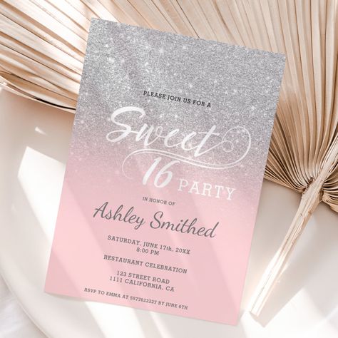 Silver glitter ombre pink typography Sweet 16 Invitation #Invitation #card #template #design #pinterestquotes #pinterestideas #pinterestmom #pinterestwedding #aesthetic #love #art #pinterestsuccess Girly Sweet 16, Glitter Sweet 16, Pink Typography, Pink Sweet 16, 16 Invitations, 80th Birthday Invitations, Silver Invitation, 16th Birthday Invitations, Silver Ombre