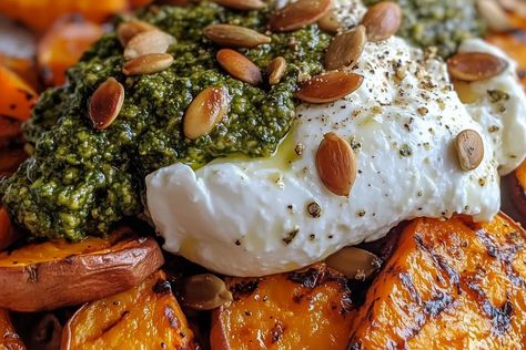 Try this delicious grilled sweet potato and burrata salad with pumpkin seed pesto. A perfect light meal with vibrant flavors and textures. Pumpkin Seed Pesto, Sweet Pumpkin Seeds, Keto Salads, Grilled Sweet Potatoes, Burrata Salad, Thanksgiving 2024, Sweet Potato Wedges, Animal Based, Beet Recipes