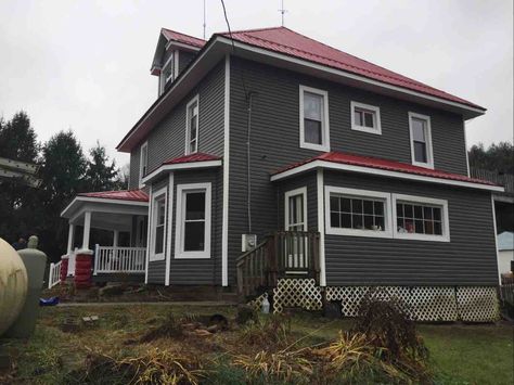 Grey House Red Trim, Cabin Siding, Color Combinations Home, Paint Palettes, Exterior House Color, Cabin Exterior, Grey Houses, Grey Exterior, House Color Schemes