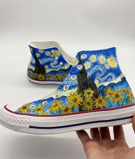 Shoe Art Painting, Hand Painted Vans, Starry Night Background, Sunflower Vans, Van Gogh Style, Painted Vans, High Top Converse, Arte Van Gogh, Night Background