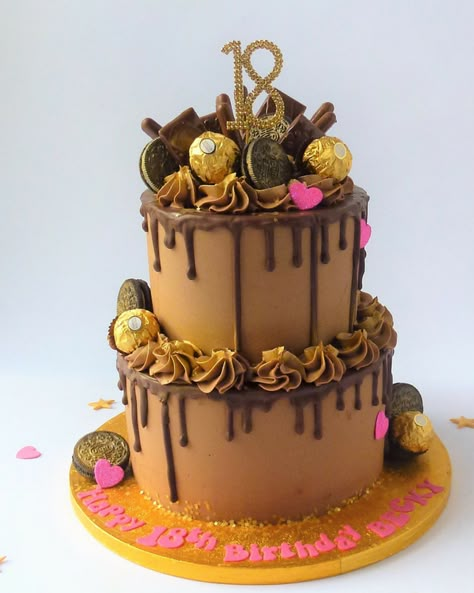 Two Tier Drip Cake Birthday, Two Tier Chocolate Cake Birthdays, Chocolate Tier Cake Birthday, Choc Drip Cake Ideas, 2 Tier Chocolate Cake Design, Two Tier Chocolate Cake Designs, 2 Tier Chocolate Cake Decoration, 18th Birthday Cake 2 Tier, Chocolate Tier Cake