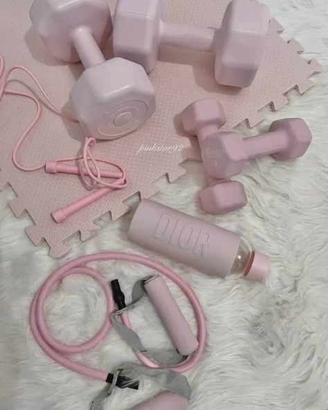 Workouts Vision Board, Exercise Aesthetic Pink, Pink Pilates Princess Vision Board, Working Out Aesthetic Pink, Pink Everything Girly, Pink Aesthetic Self Care, Pink Gym Girl Aesthetic, Pink At Home Gym, Girly Workout Aesthetic