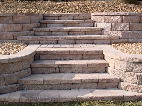 retaining wall stairs | Retaining Wall with Stone Steps Fredericksburg, Virginia Keystone Retaining Wall, Retaining Wall Steps, Backyard Retaining Walls, Patio Stairs, Retaining Wall Blocks, Landscape Stairs, Beautiful Outdoor Living Spaces, Patio Steps, Stone Steps