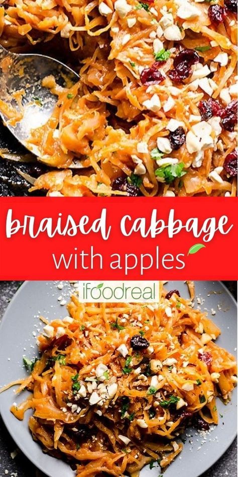 Braised Green Cabbage and Apples is a sweet and savory, tender and flavorful side dish ready in less than 45 minutes. Apples And Cabbage Recipe, Cabbage With Apples, Cabbage And Apples, Baked Boneless Chicken Thighs, Cabbage Side Dish, Braised Greens, Delicious Crockpot Recipes, Apple Dishes, Unstuffed Cabbage