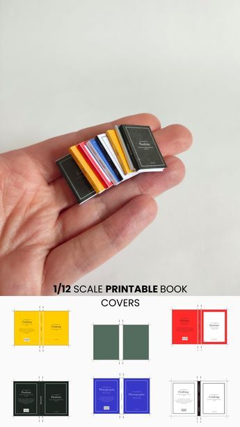 DIY miniature books in 1/12 scale for dollhouses and dioramas - Printable PDF template Miniature Books Printable, Dollhouse Miniatures Diy Printables, Diy Miniature Library, Diorama Printable Templates, Diy Small Book, Dollhouse Printables 1:12, 1 12 Scale Miniatures Printables Free, Mini Books Template, Free Miniature Printables 1:12