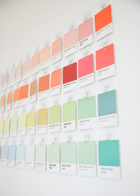 Pantone Cards Wall Decor Paint Sample Wall Decor, Pantone Wall Decor, Pantone Cards Aesthetic, Pantone Postcards Wall, Office Mural Ideas, Craft Room Wall Color, Paint Swatch Wall, Paint Swatches Wall, Pantone Decor