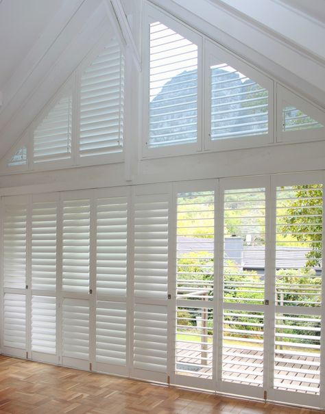 Triangle window shutters Triangle Window Shutters, Triangle Window Coverings, Triangle Window Curtains, Triangular Windows, Arched Window Coverings, American Shutters, Specialty Windows, Apex Window, Triangle Window