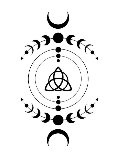 Mystical Moon Phases Wicca frame border. Triquetra Sacred geometry. Logo, Wiccan triple goddess symbol, energy circle, black tattoo boho style vector isolated on white background Moon Phase Svg Free, Pagan Moon Tattoo, Witch Tattoo Design, Sacred Geometry Logo, Wicca Tattoo, Druid Symbols, Boho Vector, Triple Goddess Symbol, Wiccan Goddess