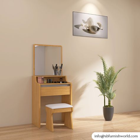 Enhance your bedroom or dressing area with this elegantly crafted wooden dressing table, designed for functionality and style. Its natural wood finish, combined with a simple yet modern design, seamlessly complements any interior décor. 
.
.
🔗Visit our website for more details: https://sbfurnishworld.com/ Small Dressing Table Ideas, Dressing Table Ideas Modern, Simple Dressing Table, Wooden Dressing Table, Small Dressing Table, Dressing Table Ideas, Dressing Table With Mirror, Simple Dressing, Simple Interior Design