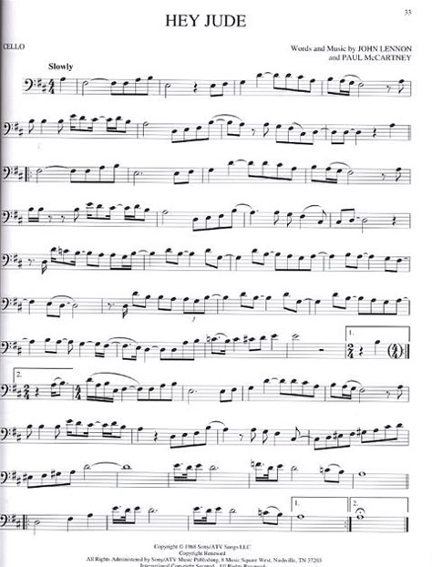 Songs In Bass Clef, Cello Music Sheet, Hey Jude The Beatles, Bass Clef Sheet Music, Bassoon Music, Cello Lessons, Trombone Music, Trombone Sheet Music, Fiddle Music