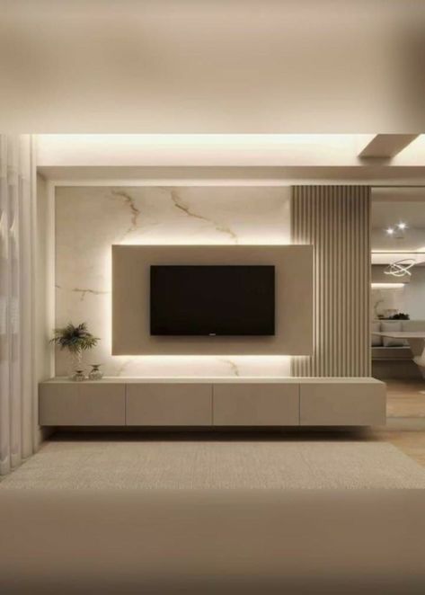 Storage Behind Tv Wall, Media Wall Marble, Wall Panelling Behind Tv, Minimal Media Wall, 75 Inch Tv Wall Ideas Living Room, Hall Interior Design Living Luxury, Feature Tv Wall Ideas, Panelled Media Wall, Stone Feature Wall Living Room