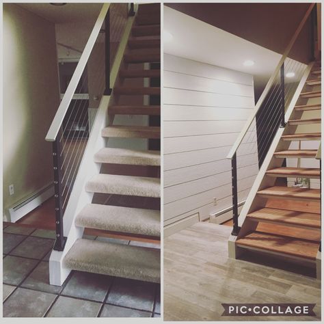 Home remodel, floating stairs, shiplap accent wall and new tile Railings For Floating Stairs, Free Floating Stairs, Diy Floating Stairs How To Build, Floating Stairs Farmhouse, Floating U Shaped Stairs, Stair Remodel Diy, Entryway Stairs, Interior Stair Railing, Rustic Stairs