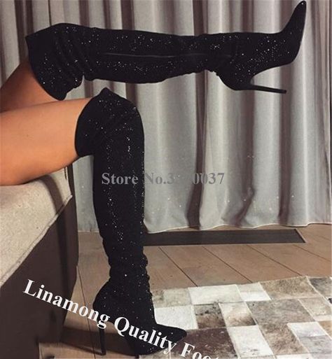 Black Sparkly Knee High Boots, Sparkly Knee High Boots, Black Rhinestone Boots, Knee Thigh Boots, Black Glitter Heels, Eras Tour Fits, Bling Heels, Boots Shoe, Over Knee Boots