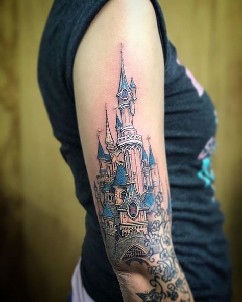 Helm Tattoo, Disney Castle Tattoo, Disney Inspired Tattoos, Mickey Tattoo, Disney Sleeve Tattoos, Wheel Tattoo, Castle Tattoo, Tattoo Back, Sweet Tattoos